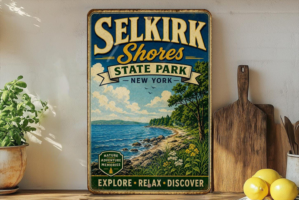 A vintage-style sign for Selkirk Shores State Park in New York, featuring a scenic illustration of the park's shoreline and surrounding landscape.