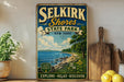 A vintage-style sign for Selkirk Shores State Park in New York, featuring a scenic illustration of the park's shoreline and surrounding landscape.