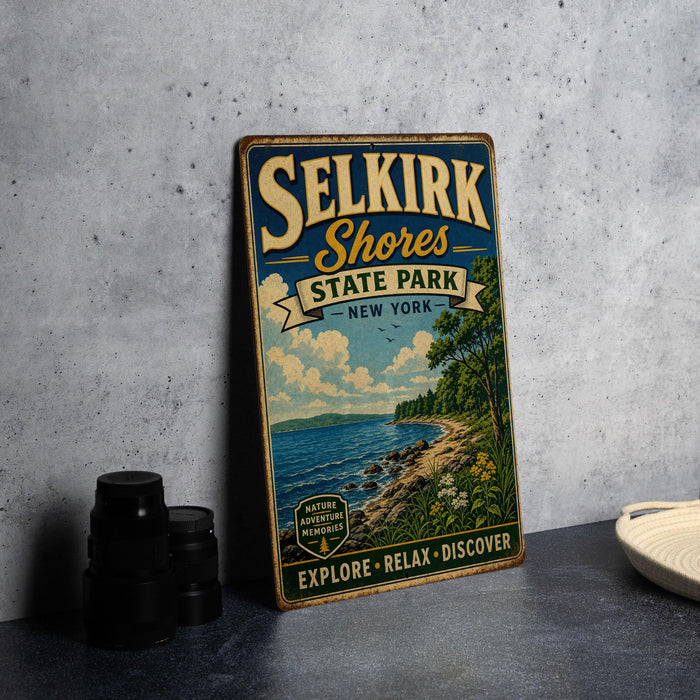 A vintage-style sign for Selkirk Shores State Park in New York, featuring a scenic landscape with a body of water, trees, and a beach.