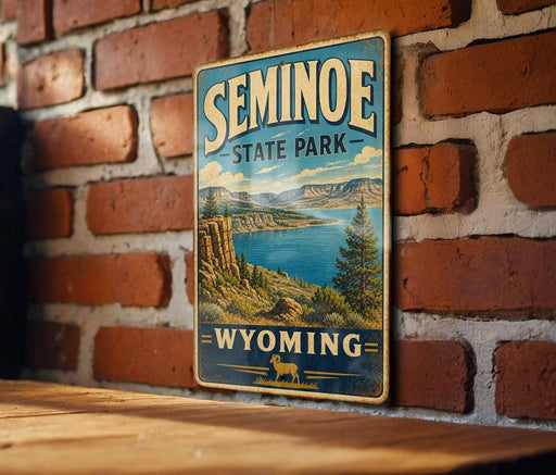A vintage metal sign for Seminoe State Park in Wyoming, featuring a scenic landscape with mountains, a lake, and pine trees.