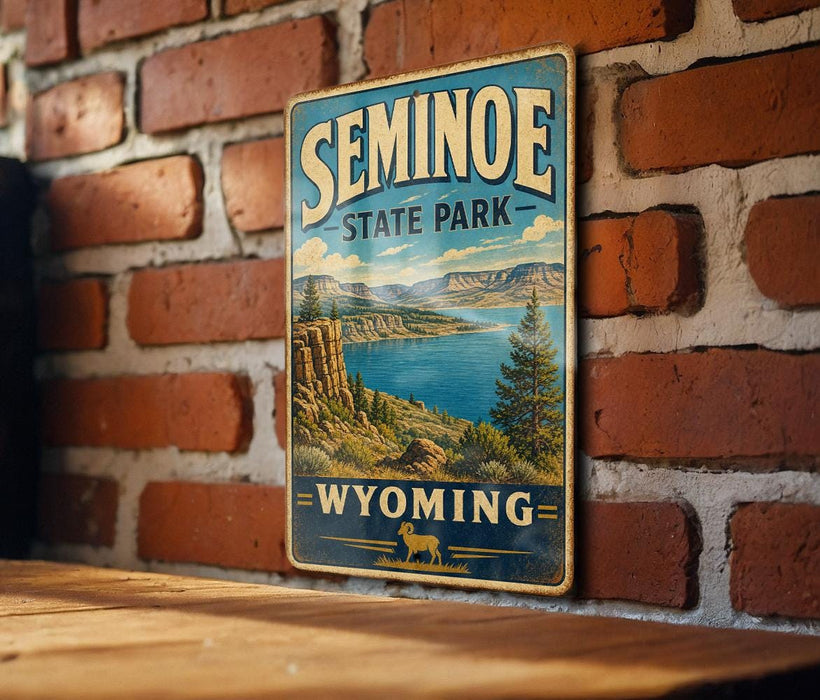 A vintage metal sign for Seminoe State Park in Wyoming, featuring a scenic landscape with mountains, a lake, and pine trees.