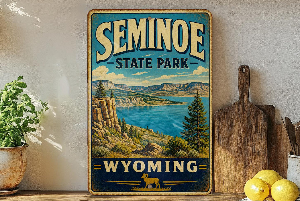 A vintage-style sign for Seminoe State Park in Wyoming, featuring a scenic landscape with mountains, a lake, and pine trees.