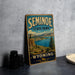 A vintage-style sign for Seminoe State Park in Wyoming, featuring a scenic landscape with mountains, a lake, and a pine tree.