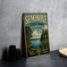 A vintage-style metal sign for Seminole State Park, Georgia, featuring a scenic landscape with a lake and trees.