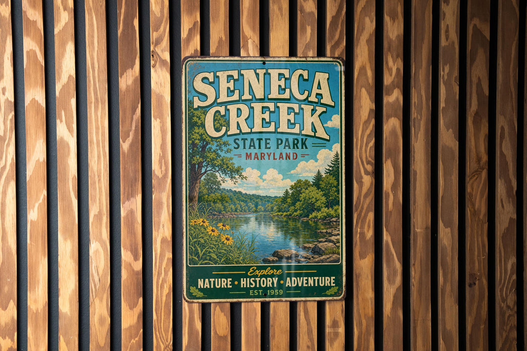A vintage metal sign for Seneca Creek State Park in Maryland, featuring a scenic illustration of the park's natural surroundings.