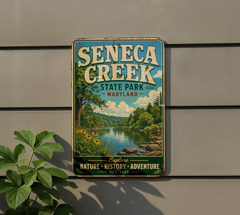 a vintage metal sign for Seneca Creek State Park in Maryland, with a scenic landscape of a river, trees, and flowers.