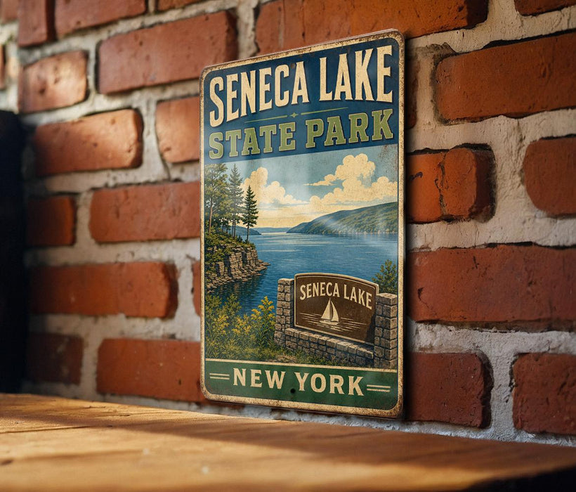 A vintage metal sign for Seneca Lake State Park in New York, featuring a scenic landscape with a lake, mountains, and a sign that reads "SENECA LAKE NEW YORK".