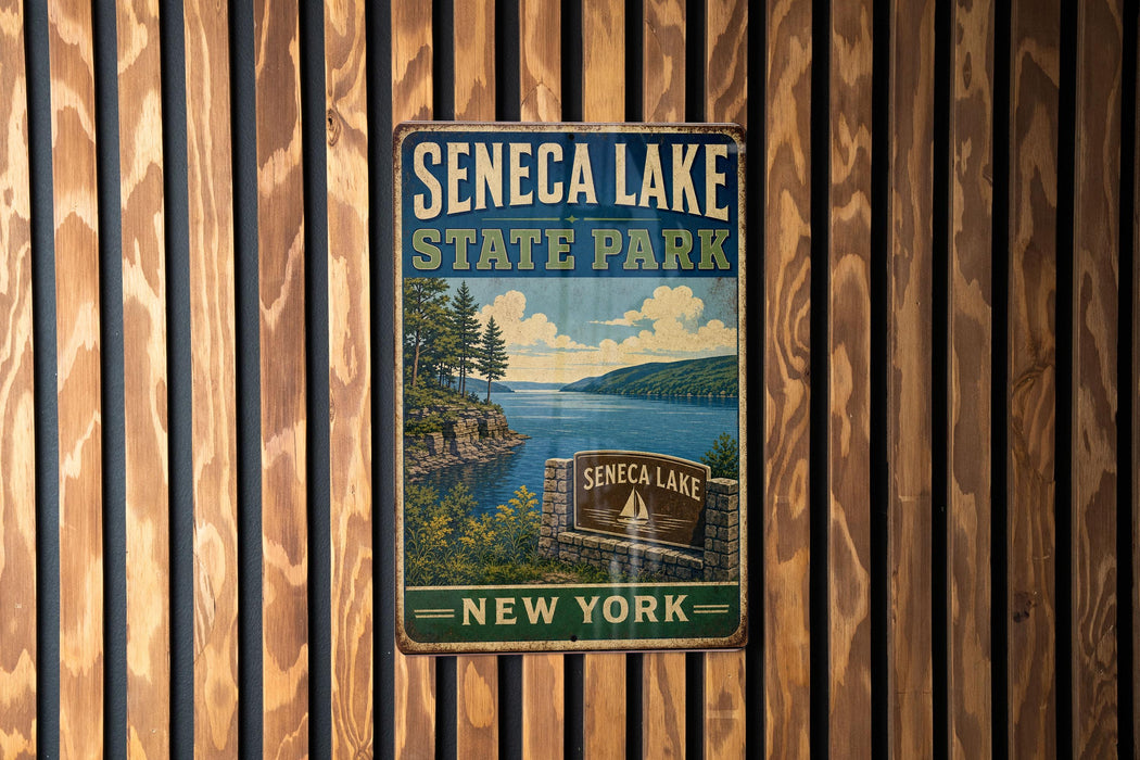 A vintage metal sign for Seneca Lake State Park in New York, featuring a scenic illustration of the lake and surrounding landscape.
