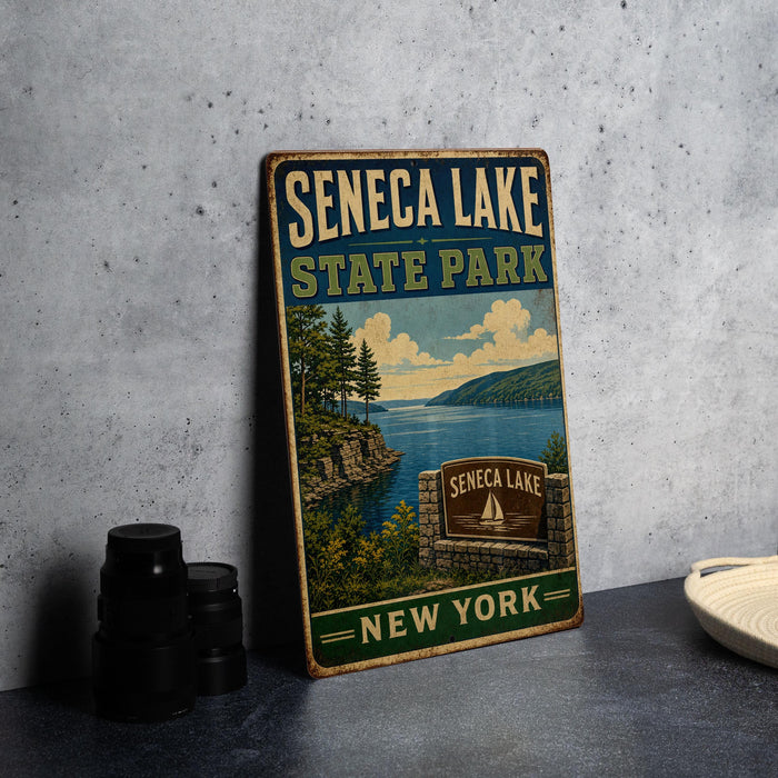 A vintage-style metal sign for Seneca Lake State Park in New York, featuring a scenic landscape with a lake, mountains, and a sailboat.