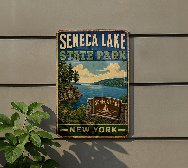 A vintage-style metal sign for Seneca Lake State Park in New York, featuring a scenic landscape with a lake, mountains, and trees.