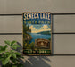 A vintage-style metal sign for Seneca Lake State Park in New York, featuring a scenic landscape with a lake, mountains, and trees.