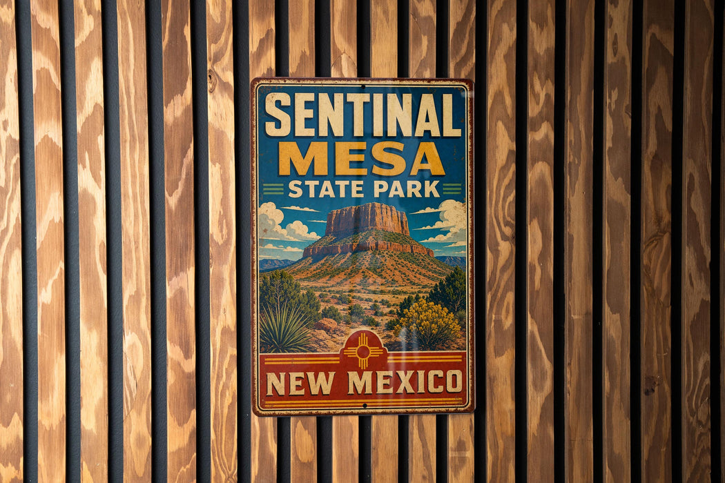 A vintage metal sign for Sentinal Mesa State Park in New Mexico, featuring a mountain landscape and the text "Sentinal Mesa State Park" and "New Mexico".