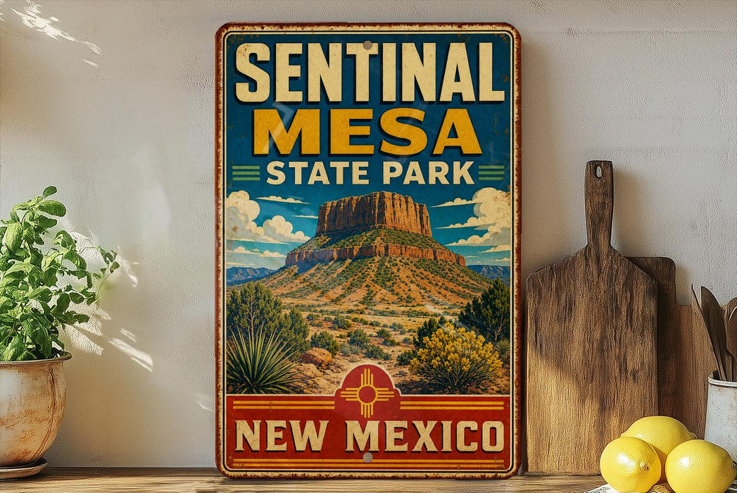 A vintage-style metal sign for Sentinal Mesa State Park in New Mexico, featuring a desert landscape with a prominent rock formation.