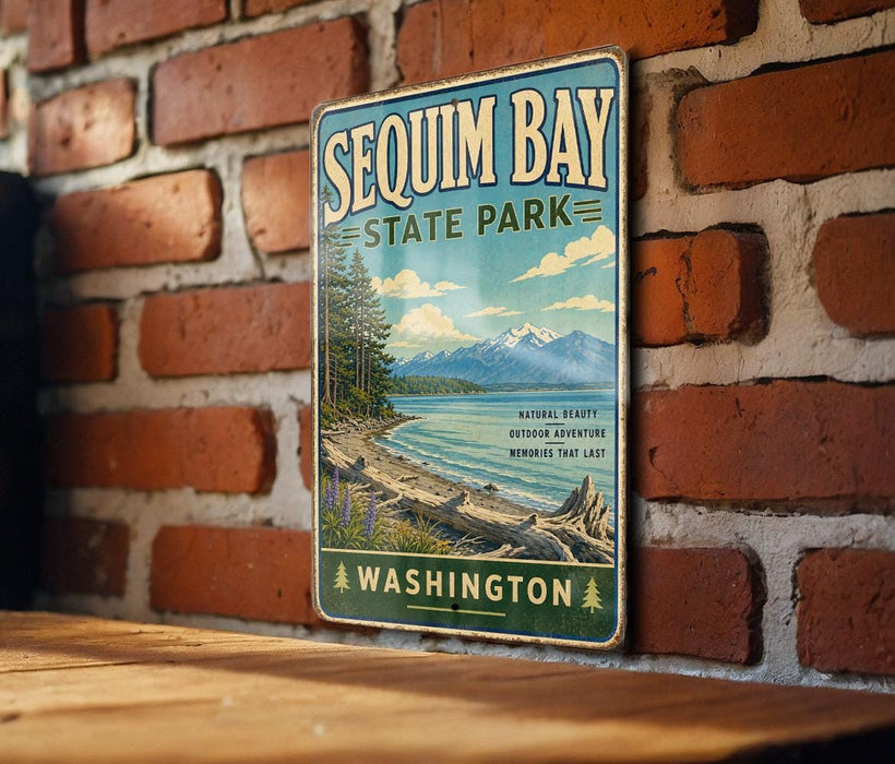A vintage-style metal sign for Sequim Bay State Park in Washington, featuring a scenic landscape with mountains, pine trees, and a lake.