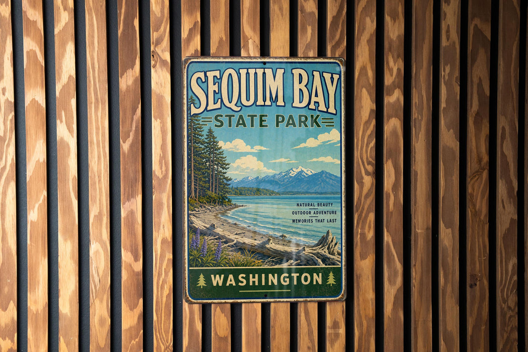 A vintage-style metal sign for Sequim Bay State Park in Washington, featuring a scenic landscape with mountains, pine trees, and a lake.