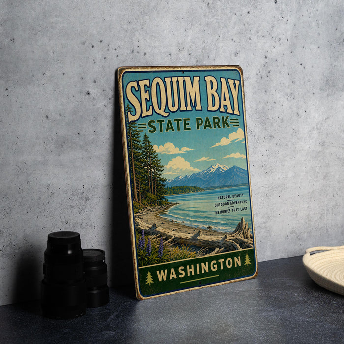 A vintage-style metal sign for Sequim Bay State Park in Washington, featuring a scenic landscape with mountains, pine trees, and a lake.