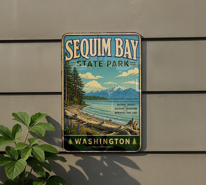 A vintage-style metal sign for Sequim Bay State Park in Washington, featuring a scenic landscape with mountains, pine trees, and a lake.