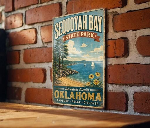 A vintage metal sign for Sequoyah Bay State Park, featuring a scenic landscape with a lake, mountains, and a sailboat.