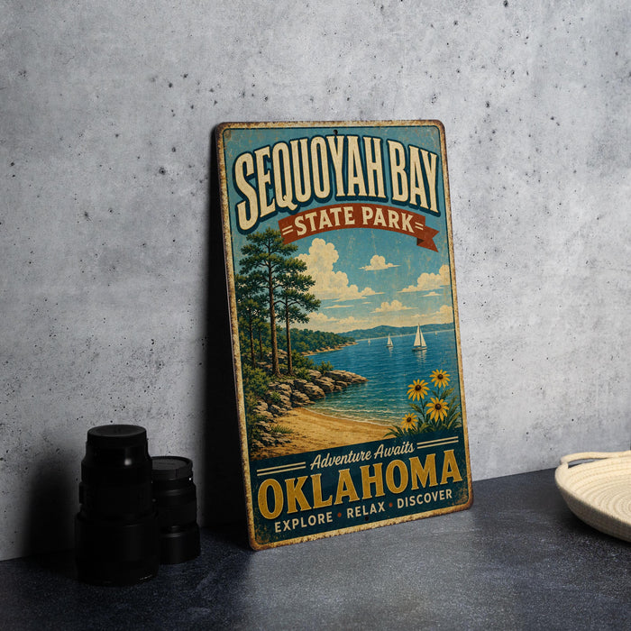 A vintage metal sign for Sequoyah Bay State Park, featuring a scenic landscape with a lake, trees, and boats.