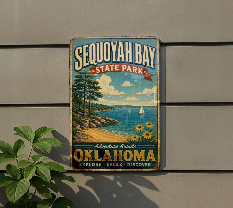 A vintage-style sign for Sequoyah Bay State Park, featuring a scenic landscape with a beach, mountains, and sailboats.