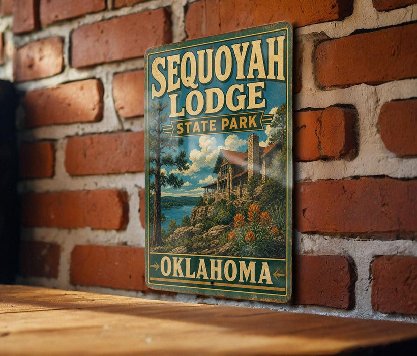 A vintage metal sign for Sequoyah Lodge, a state park in Oklahoma, is displayed on a brick wall.