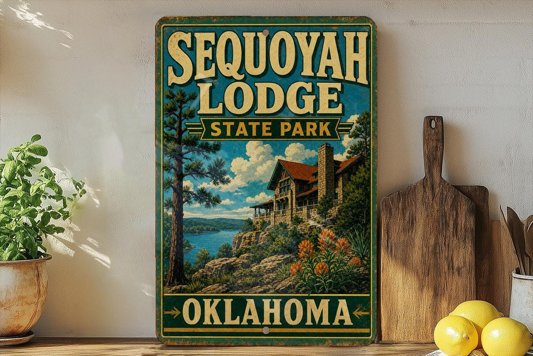 A vintage-style sign for Sequoyah Lodge, a state park in Oklahoma, featuring a scenic illustration of a cabin surrounded by nature.
