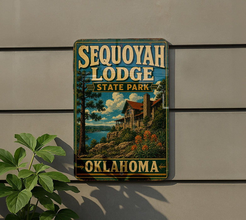 A vintage metal sign for the Sequoyah Lodge, a state park in Oklahoma, featuring a scenic landscape with a cabin and trees.