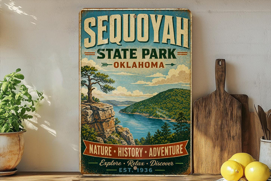 A vintage-style sign for Sequoyah State Park in Oklahoma, featuring a scenic landscape with a mountain, lake, and pine trees.