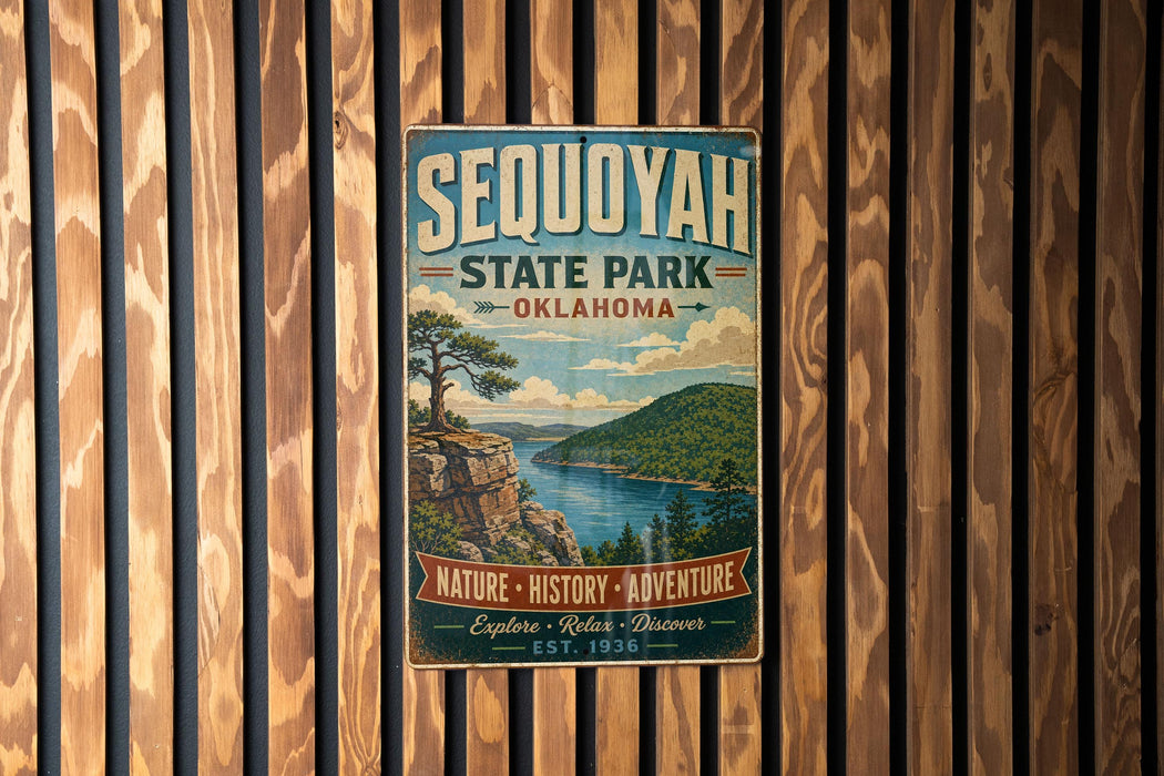 A vintage-style metal sign for Sequoyah State Park in Oklahoma, featuring a scenic landscape with a lake and mountains.