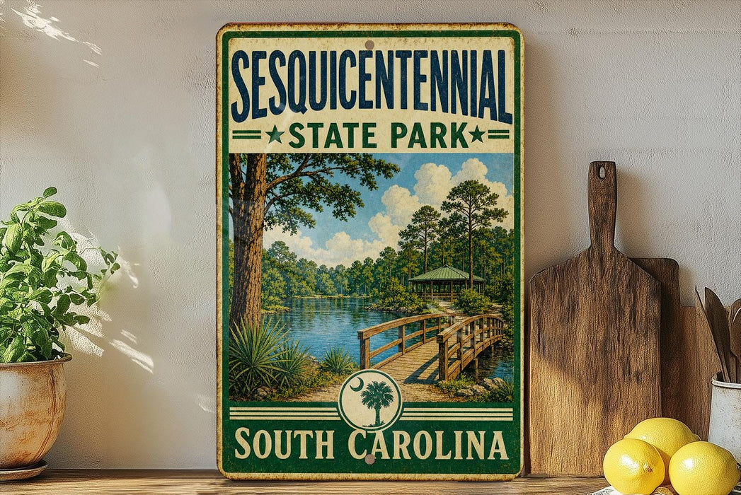 A vintage-style metal sign for Sesquicentennial State Park in South Carolina, featuring a scenic landscape with a bridge and trees.