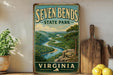 a vintage-style sign for Seven Bends State Park in Virginia, with a scenic landscape depicting a winding river surrounded by lush greenery.