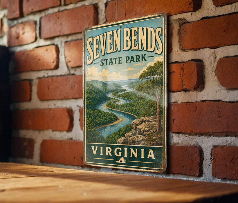 A vintage metal sign for Seven Bends State Park in Virginia, featuring a scenic landscape with a winding river and lush green forests.