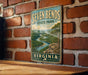 A vintage metal sign for Seven Bends State Park in Virginia, featuring a scenic landscape with a winding river and lush green forests.