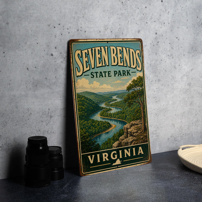 A vintage-style sign for Seven Bends State Park in Virginia, featuring a scenic landscape with a winding river and lush green forests.
