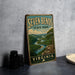 A vintage-style sign for Seven Bends State Park in Virginia, featuring a scenic landscape with a winding river and lush green forests.