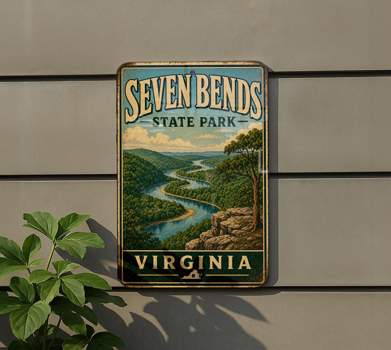 a vintage metal sign for Seven Bends State Park in Virginia, with a scenic landscape of a river and mountains in the background.