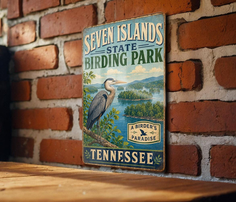 A vintage-style metal sign for Seven Islands State Birding Park in Tennessee, featuring a large blue heron and a scenic landscape.