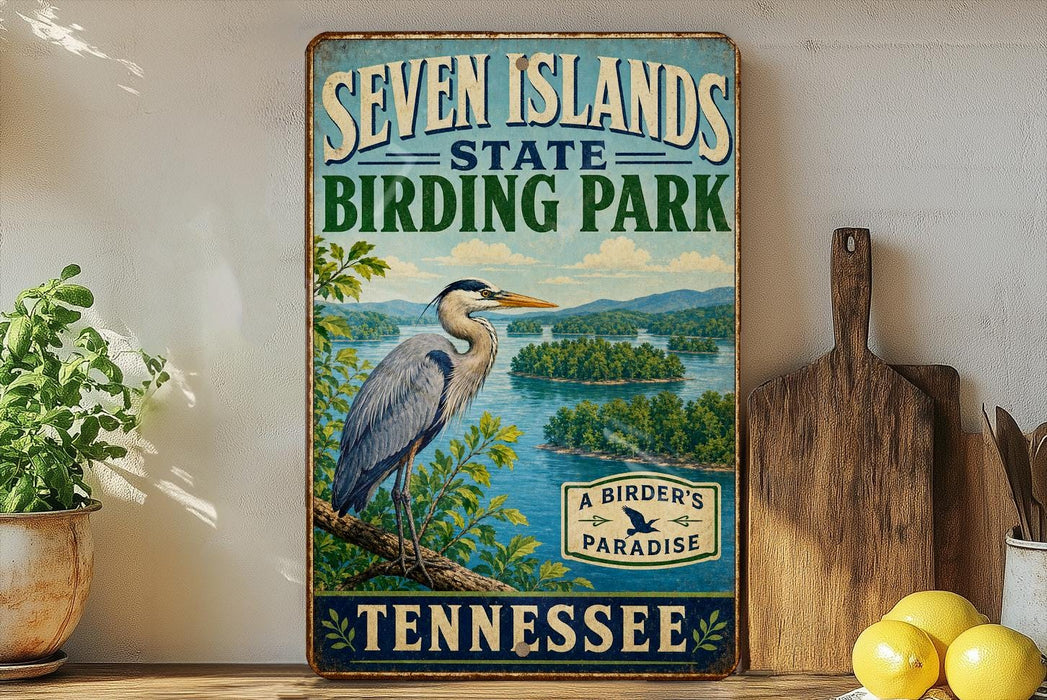 A vintage-style sign for Seven Islands State Birding Park in Tennessee, featuring a large blue heron in a natural setting.