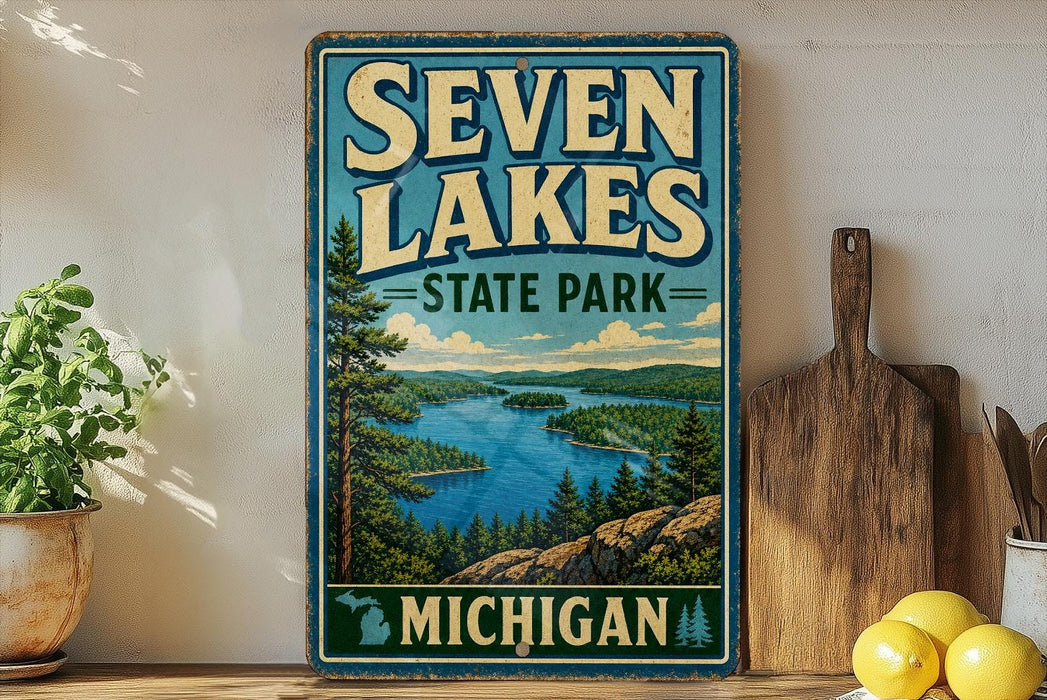 A vintage-style sign for Seven Lakes State Park in Michigan, featuring a scenic landscape with a lake surrounded by pine trees and mountains.