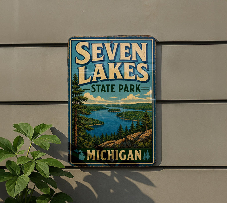 A metal sign with the text "SVEN LAKES STATE PARK" and "MICHIGAN" is displayed on a wall, with a plant to the left of the sign.