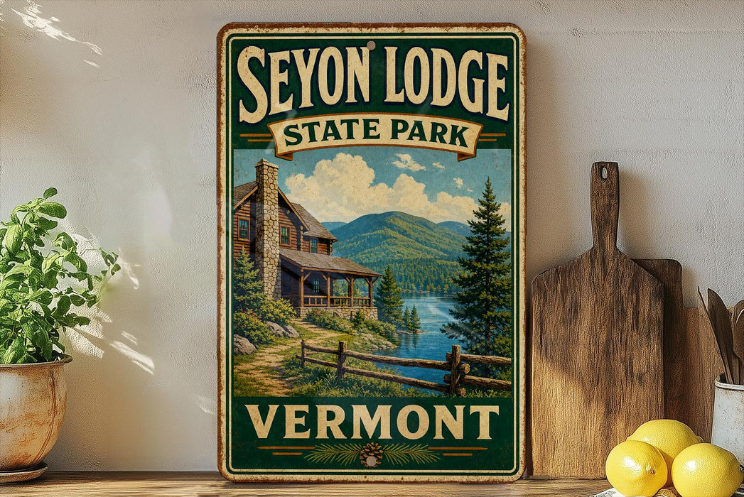 A vintage-style sign for Seyon Lodge State Park in Vermont, featuring a cabin surrounded by a forest and mountains in the background.