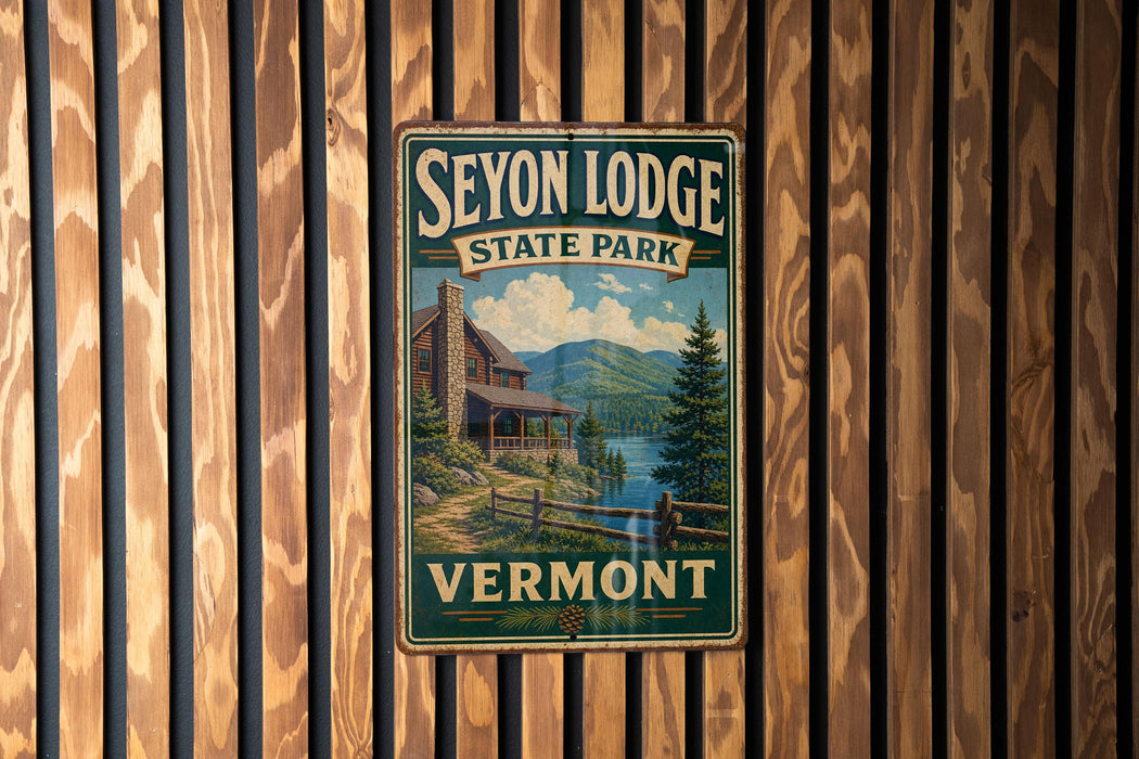 A vintage metal sign for Seyon Lodge State Park in Vermont, featuring a scenic illustration of a cabin surrounded by nature.