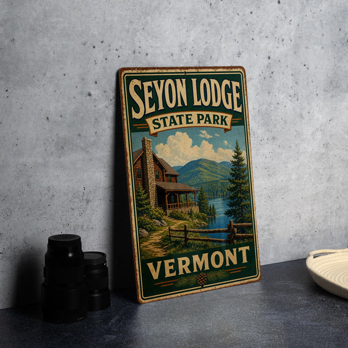 A vintage-style metal sign for Seyon Lodge State Park in Vermont, featuring a cabin and a scenic landscape.