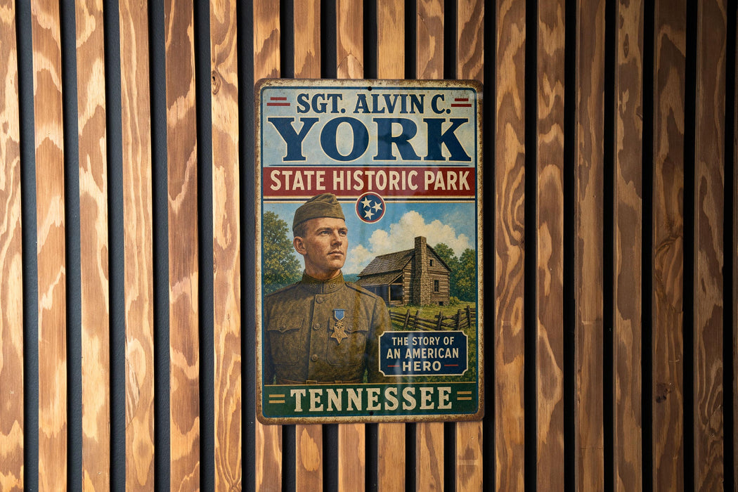 A metal sign with text and an illustration of a man in a military uniform, mounted on a wooden wall.