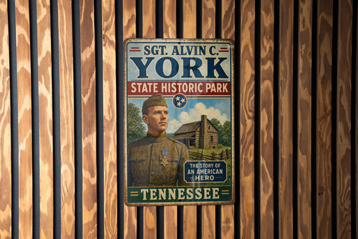 A metal sign with text and an illustration of a man in a military uniform, mounted on a wooden wall.