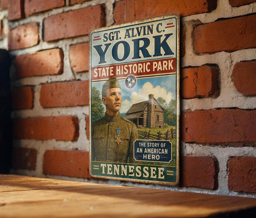 A vintage metal sign featuring a portrait of a soldier and the text "SGT. ALVIN C. YORK STATE HISTORIC PARK TENNESSEE" is displayed on a brick wall.