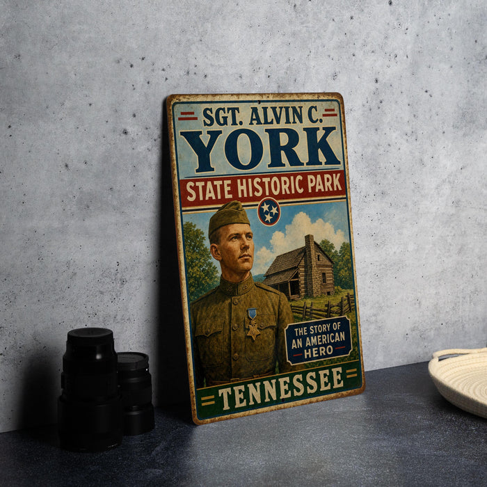 A vintage-style metal sign featuring a portrait of a man in military uniform, with text indicating that he is the "SGT. ALVIN C. YORK" and that he is associated with the "STATE HISTORIC PARK" in Tennessee.