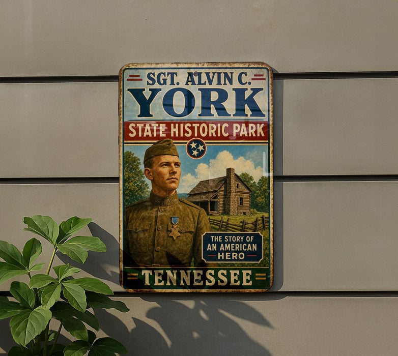 A vintage metal sign featuring a portrait of a man in military uniform, with the text "SGT. ALVIN C. YORK STATE HISTORIC PARK" and "THE STORY OF AN AMERICAN HERO" below.