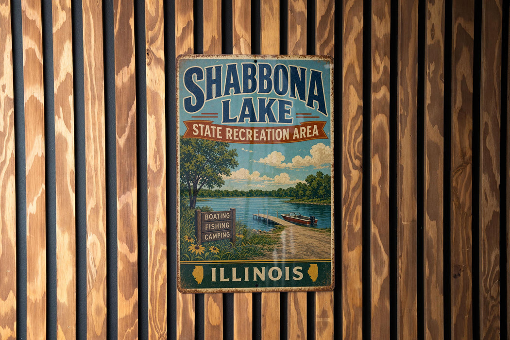 A vintage metal sign for Shabbona Lake, Illinois, featuring a scenic illustration of the lake and surrounding landscape.