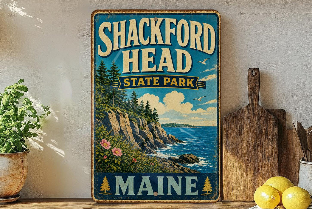 A vintage-style metal sign for Shackford Head State Park in Maine, featuring a scenic coastal landscape with pine trees, cliffs, and a body of water.